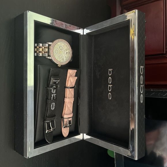 Bebe Rose Gold Rhinestone Watch  Gift Set with 2 Watch Bands - Picture 1 of 5